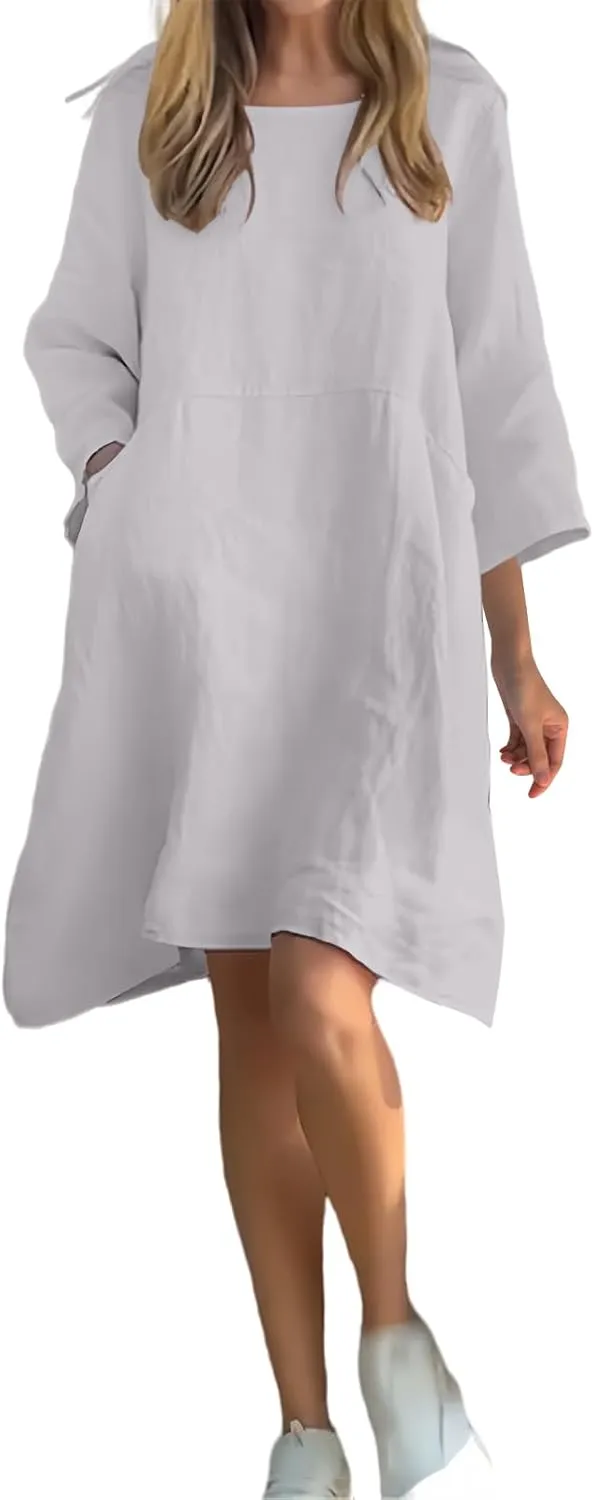 Womens Cotton Linen Dresses Casual 3/4 Sleeve Midi Dress Plus Size Beach Vacation Dress Flowy Shift Dresses