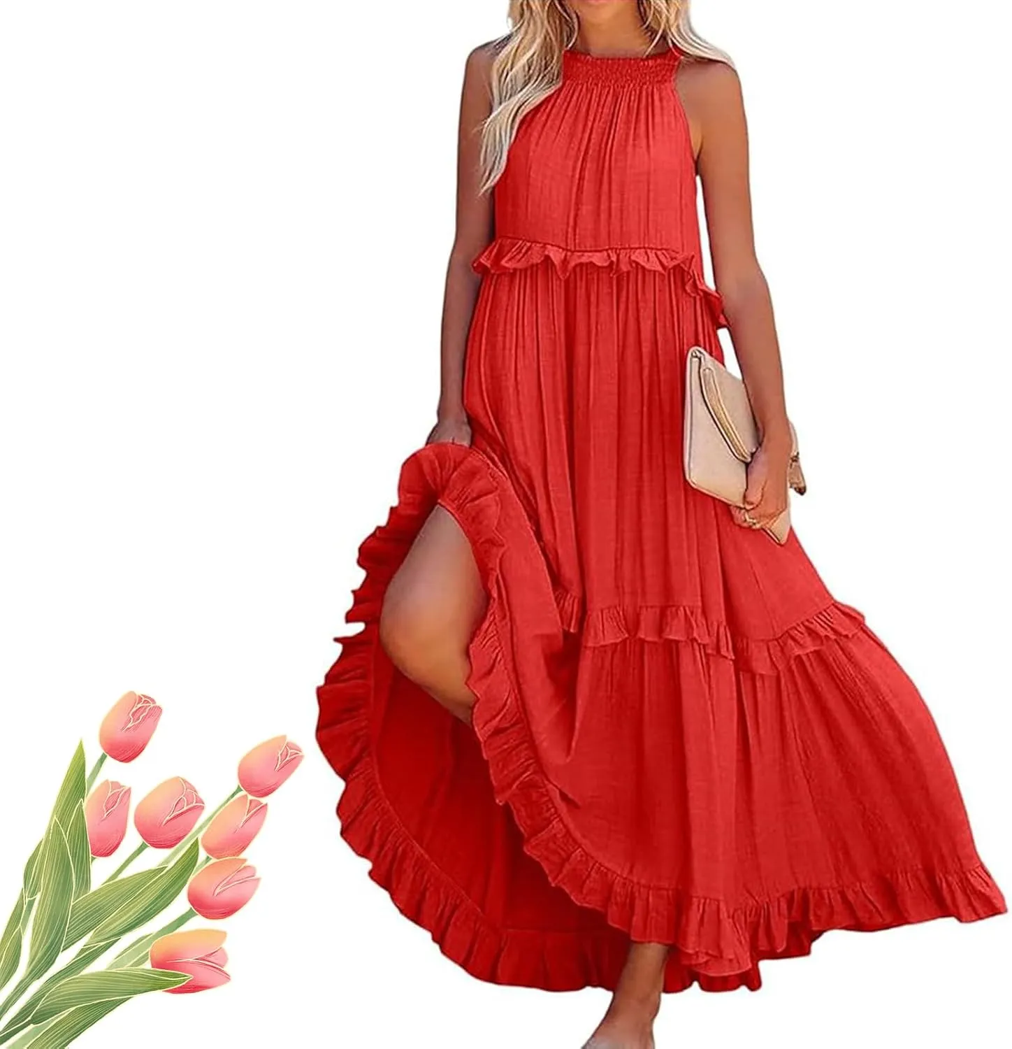 Women's Crew Halter Neck Tiered Pleated Flowy Ruffle Maxi Swing Smocked Sundress with Pockets, Loose Fit Boho Maxi Long Dress
