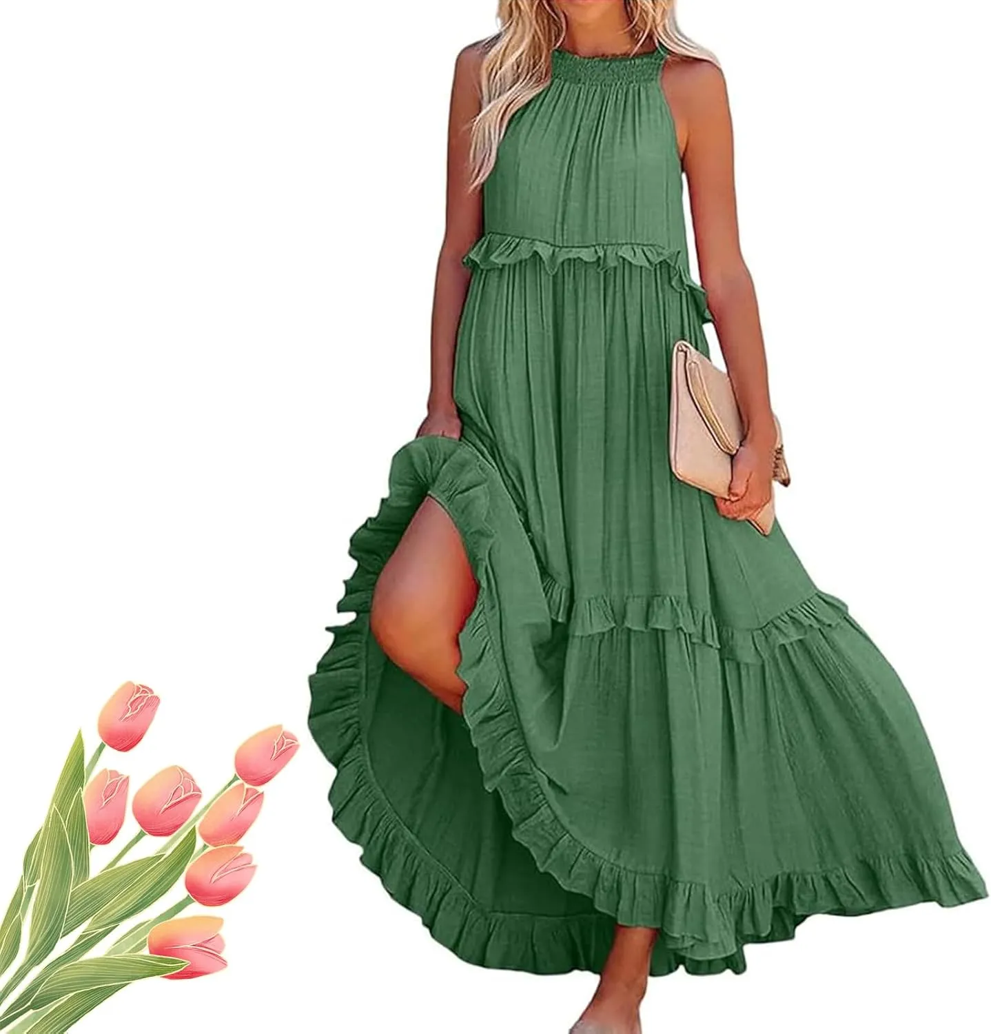 Women's Crew Halter Neck Tiered Pleated Flowy Ruffle Maxi Swing Smocked Sundress with Pockets, Loose Fit Boho Maxi Long Dress