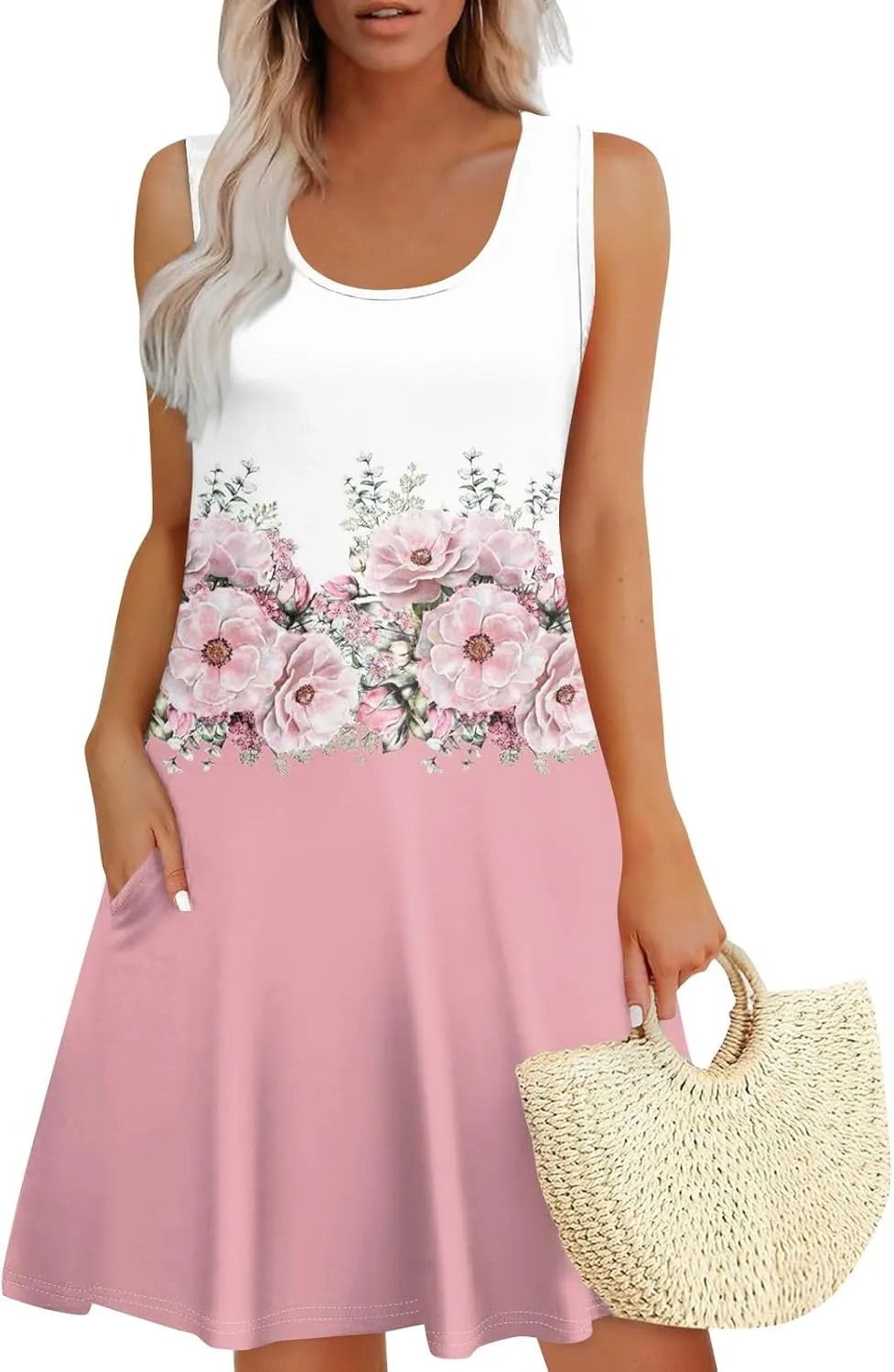 Womens Dresses Spring Tank Dress Cute Sundresses Sleeveless A-Line Dress Summer Beach Cover Up Midi Dress with Pocket