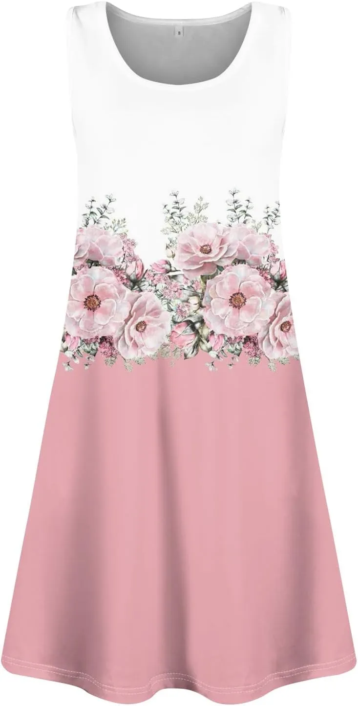 Womens Dresses Spring Tank Dress Cute Sundresses Sleeveless A-Line Dress Summer Beach Cover Up Midi Dress with Pocket