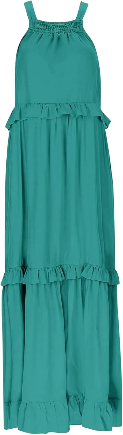 Women's Flowy Halter Neck Sleeveless Asymmetrical Hem Maxi Long Dress Boho Print Tiered Casual Flowy Long Maxi Dress