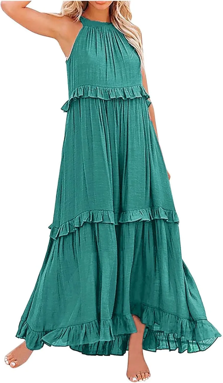 Women's Flowy Halter Neck Sleeveless Asymmetrical Hem Maxi Long Dress Boho Print Tiered Casual Flowy Long Maxi Dress
