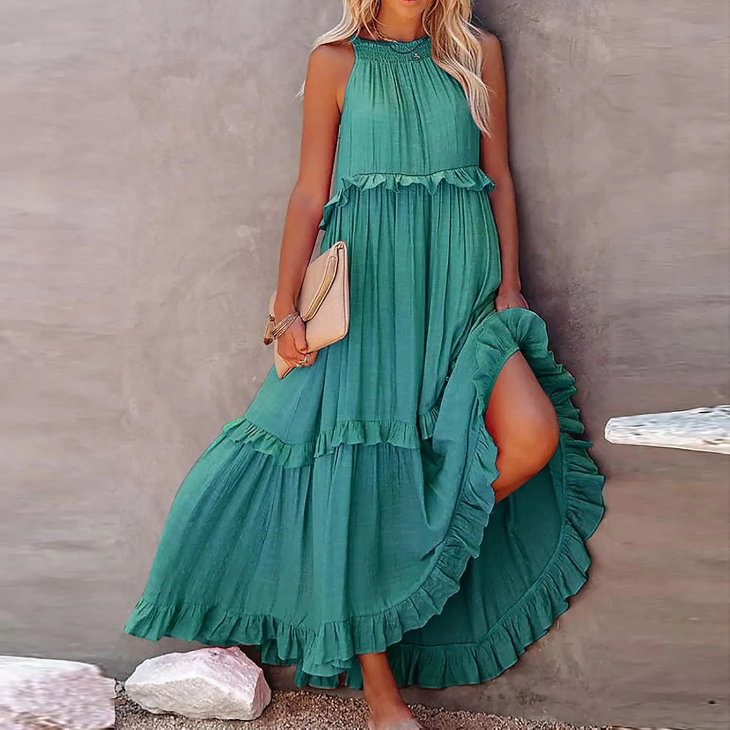 Women's Flowy Halter Neck Sleeveless Asymmetrical Hem Maxi Long Dress Boho Print Tiered Casual Flowy Long Maxi Dress