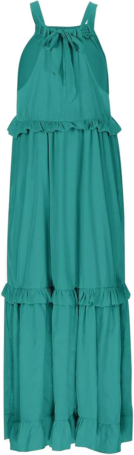 Women's Flowy Halter Neck Sleeveless Asymmetrical Hem Maxi Long Dress Boho Print Tiered Casual Flowy Long Maxi Dress