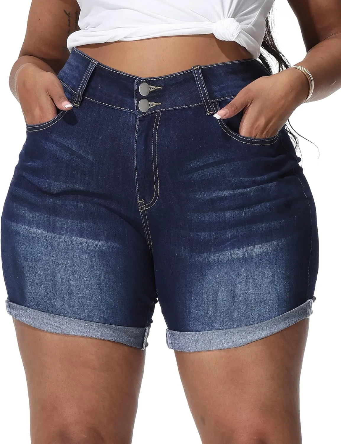 Womens Plus Size Jean Shorts Stretchy High Waisted Distressed Fold Hem Denim Shorts