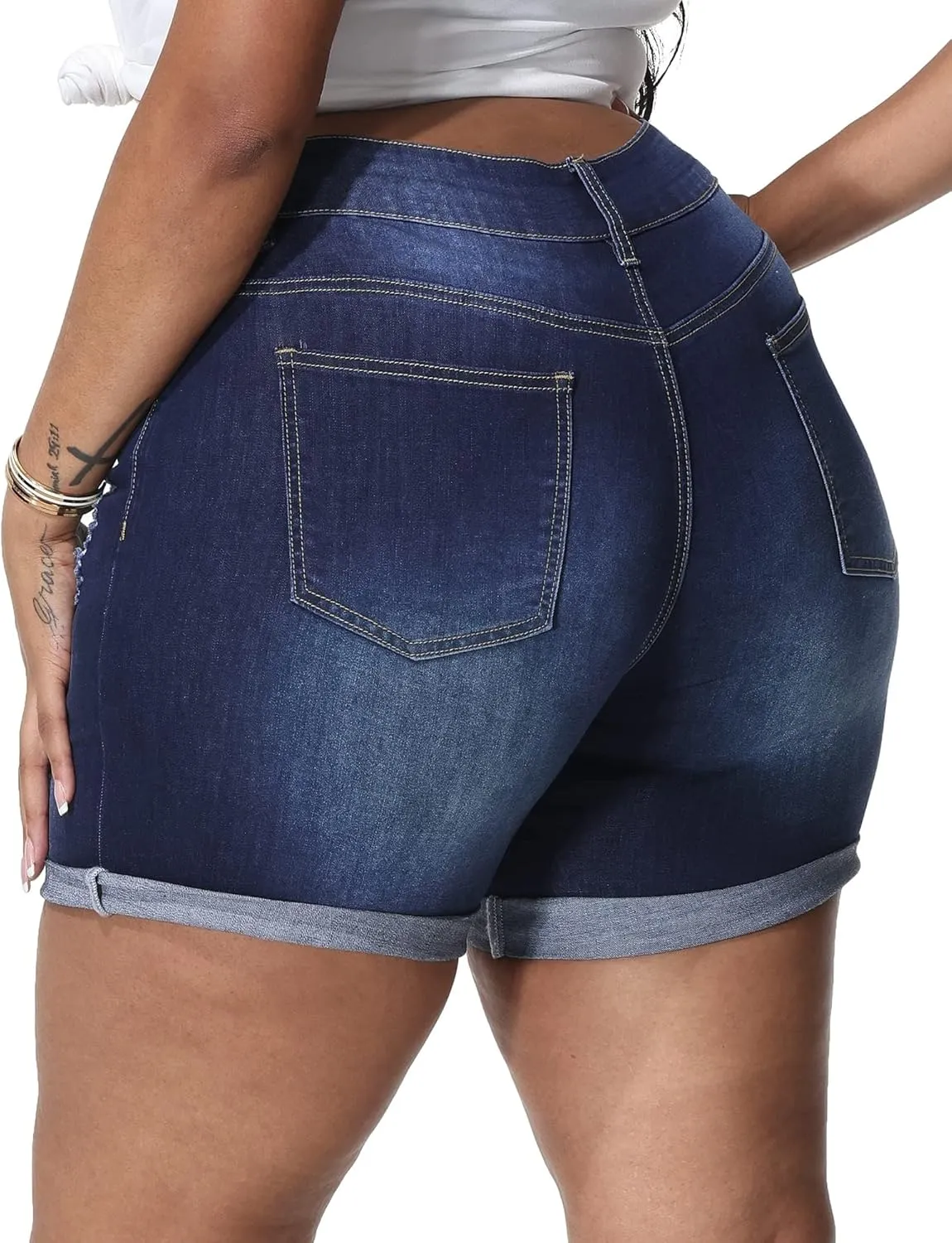 Womens Plus Size Jean Shorts Stretchy High Waisted Distressed Fold Hem Denim Shorts