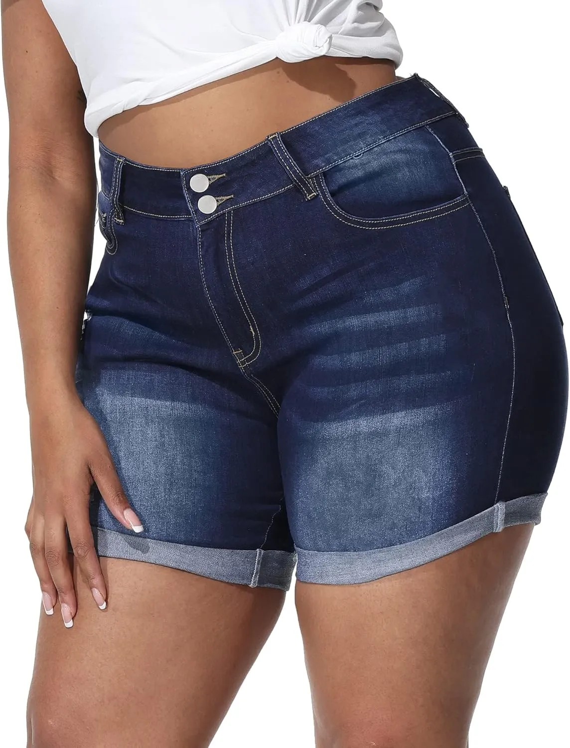 Womens Plus Size Jean Shorts Stretchy High Waisted Distressed Fold Hem Denim Shorts