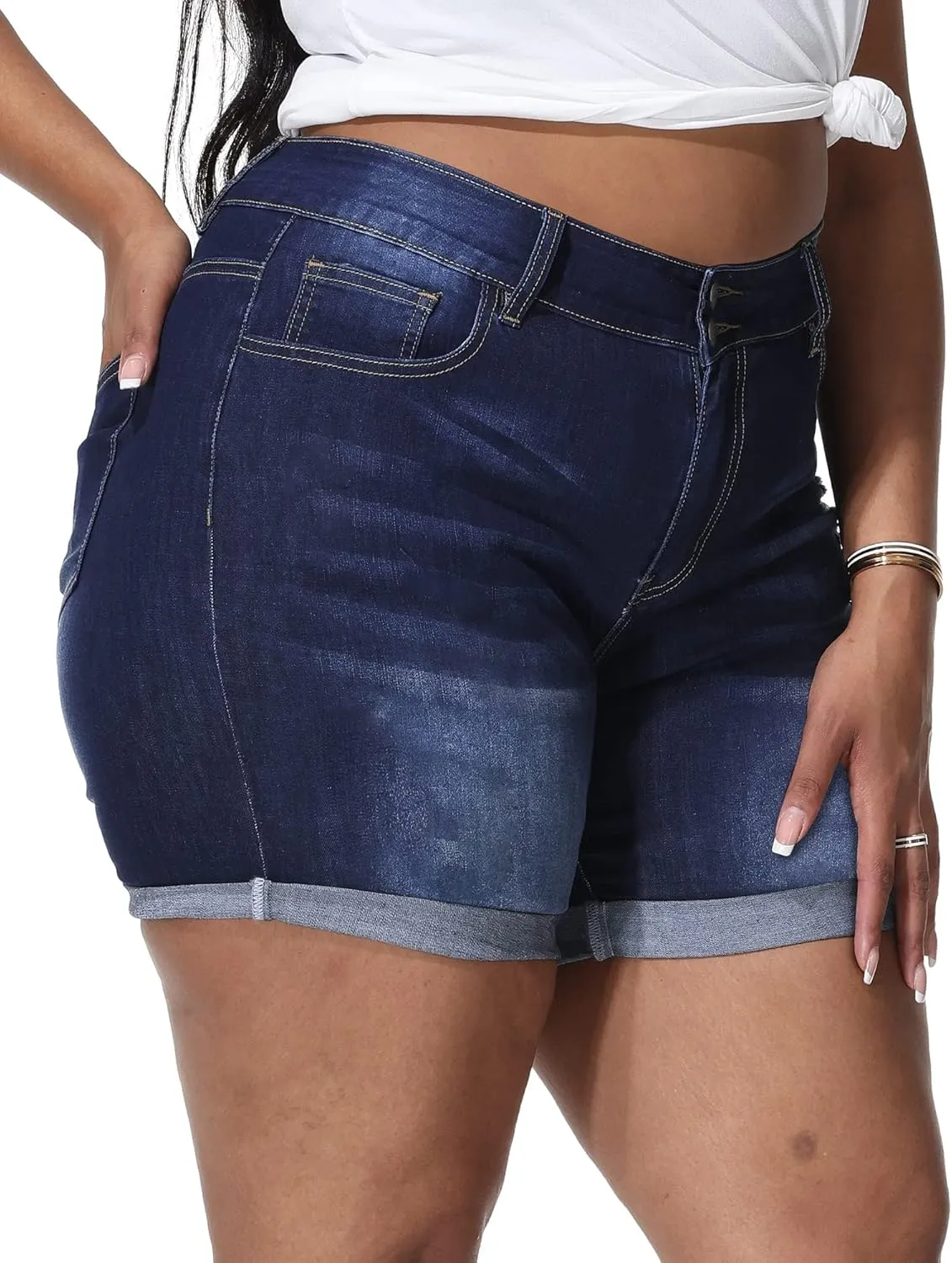 Womens Plus Size Jean Shorts Stretchy High Waisted Distressed Fold Hem Denim Shorts