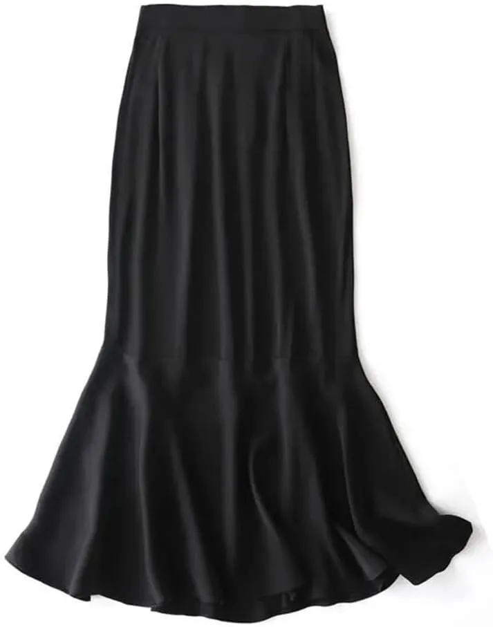 Women's Silk Skirt Black High Waist Mermaid Skirt Mid-Length Pencil Skirt