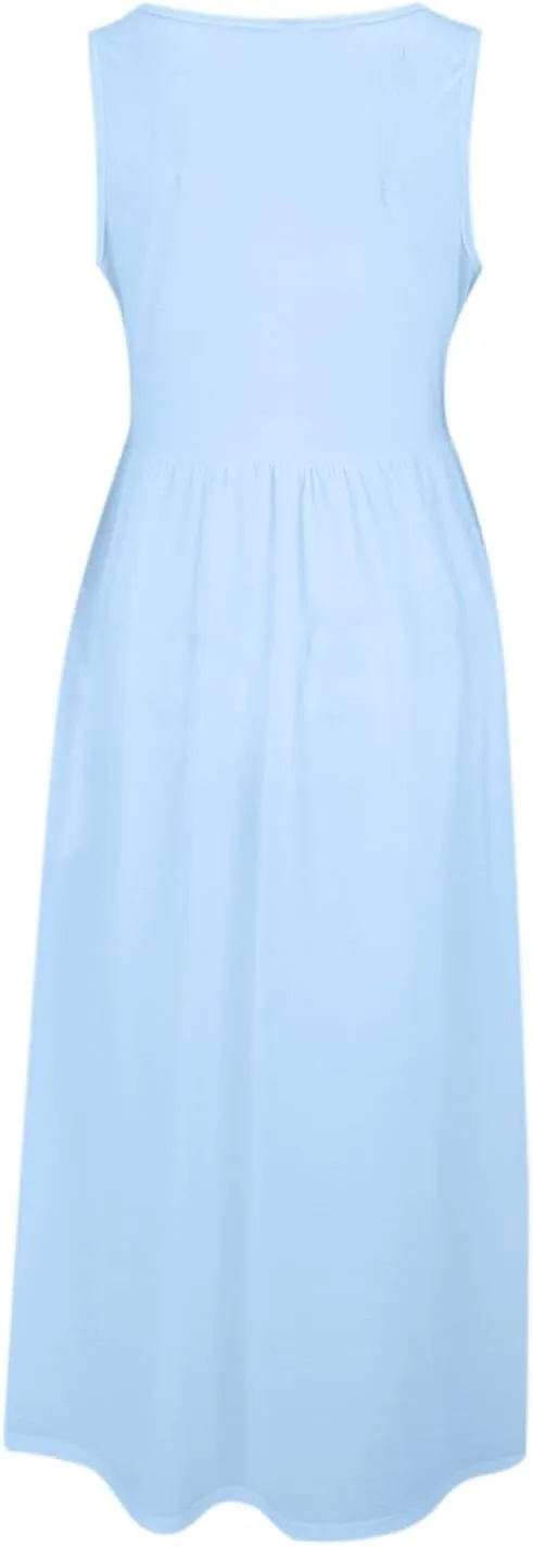 Women's Sleeveless Maxi Dress Patchwork Tank Top Flowy Dress Summer Pleated Long Sundress with Pockets