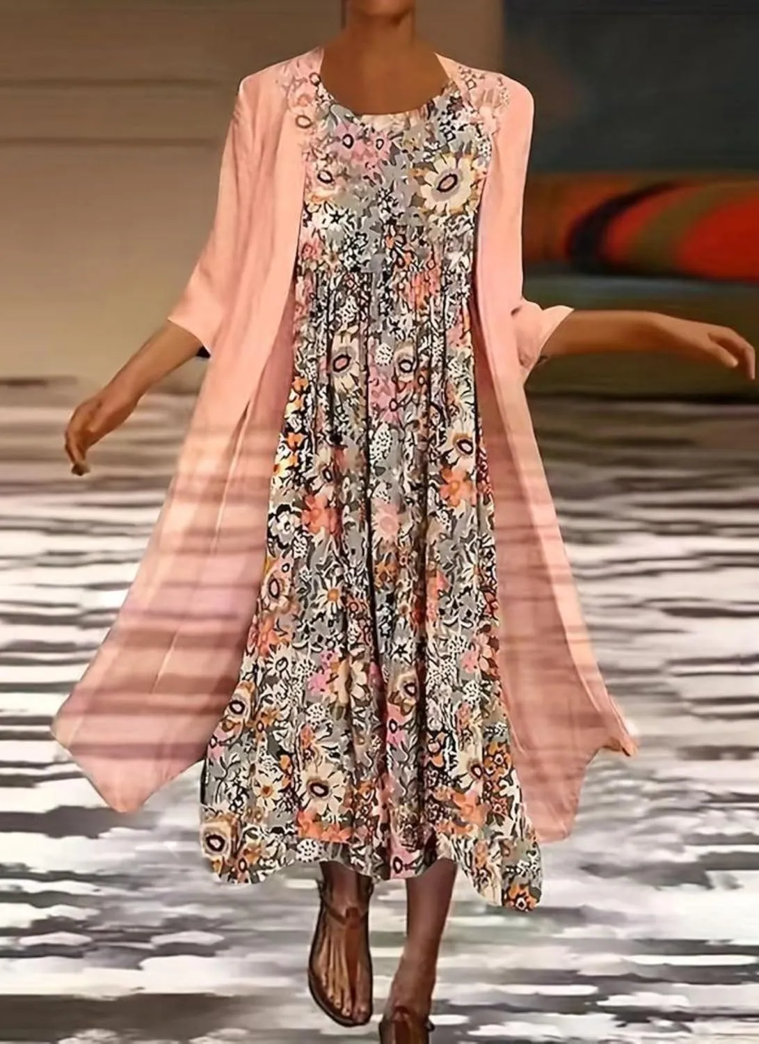 Women's Summer Dress 2 Piece Outfit Floral Print Round Neck 3/4 Sleeve Casual Vacation Midi Dress with Jacket