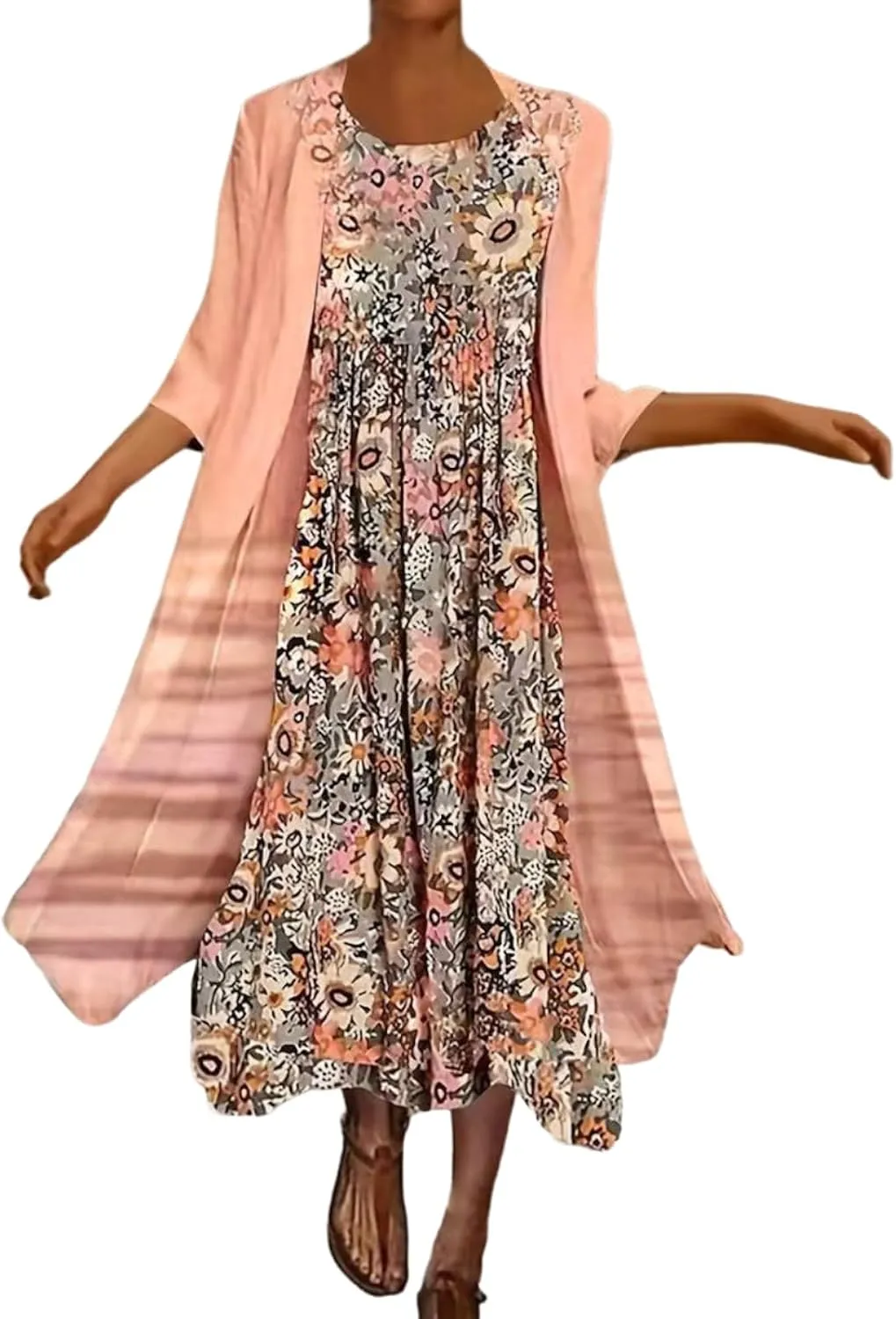 Women's Summer Dress 2 Piece Outfit Floral Print Round Neck 3/4 Sleeve Casual Vacation Midi Dress with Jacket