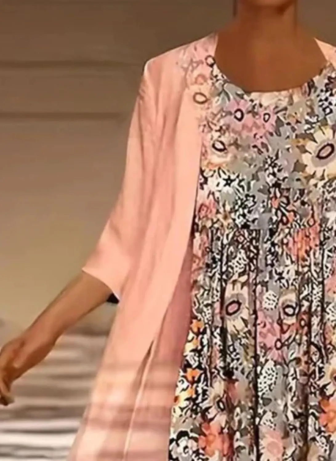 Women's Summer Dress 2 Piece Outfit Floral Print Round Neck 3/4 Sleeve Casual Vacation Midi Dress with Jacket