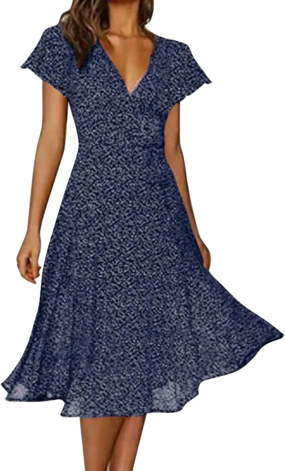 Womens Summer Dresses Casual Polka Dot Smocked Dress V Neck Short Sleeve Flowy Boho Midi Dress Vacation Beach Dress