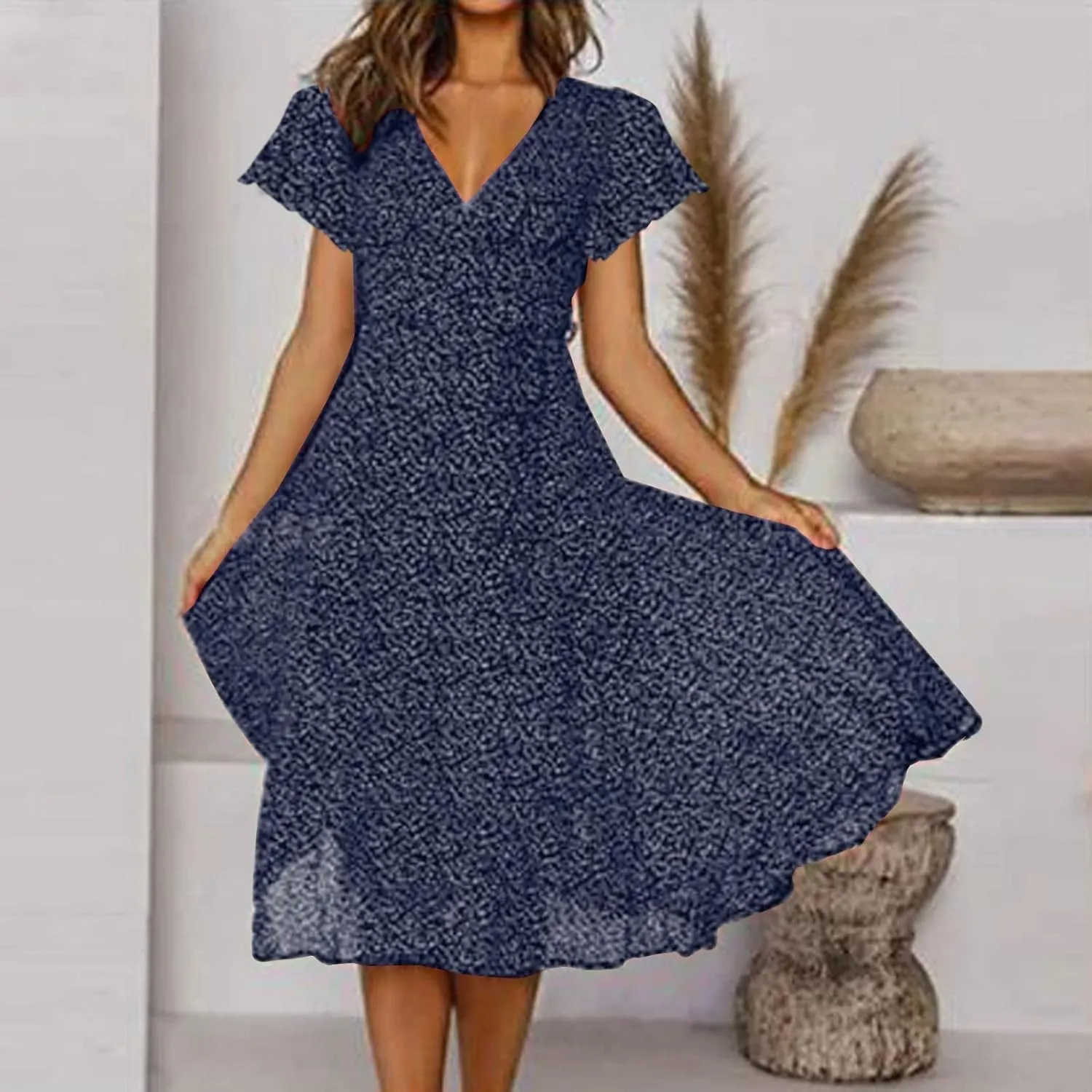 Womens Summer Dresses Casual Polka Dot Smocked Dress V Neck Short Sleeve Flowy Boho Midi Dress Vacation Beach Dress