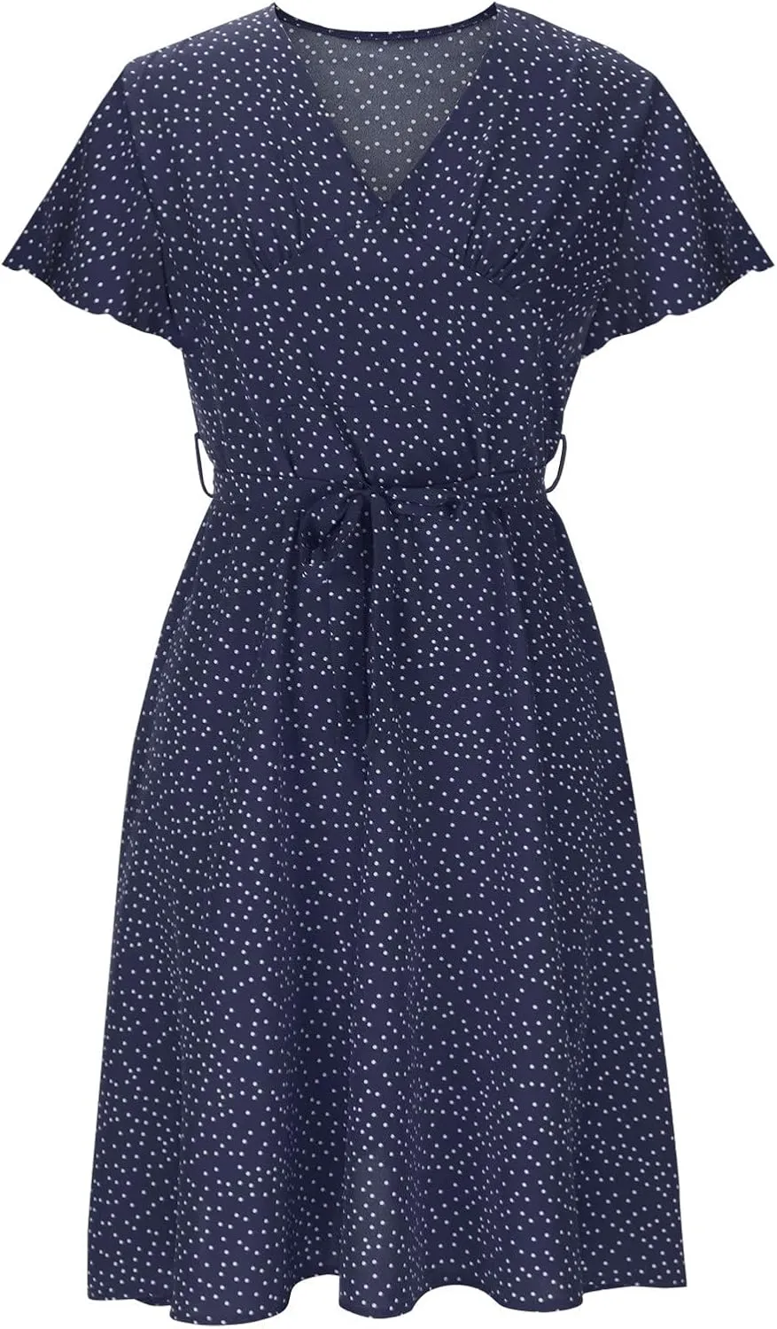 Womens Summer Dresses Casual Polka Dot Smocked Dress V Neck Short Sleeve Flowy Boho Midi Dress Vacation Beach Dress