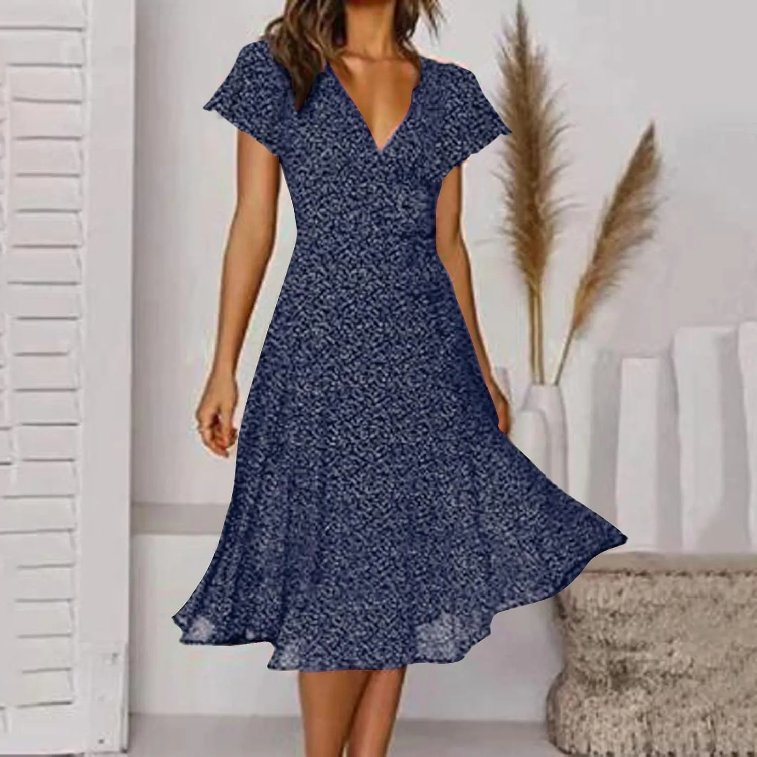 Womens Summer Dresses Casual Polka Dot Smocked Dress V Neck Short Sleeve Flowy Boho Midi Dress Vacation Beach Dress