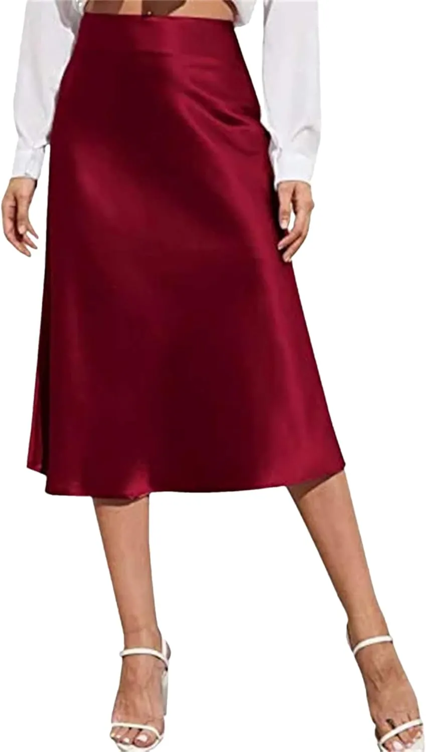 Women's Summer Skirts Mid Skirt Long Zipper Elegant Skirt High Waist Solid Color Satin Skirt