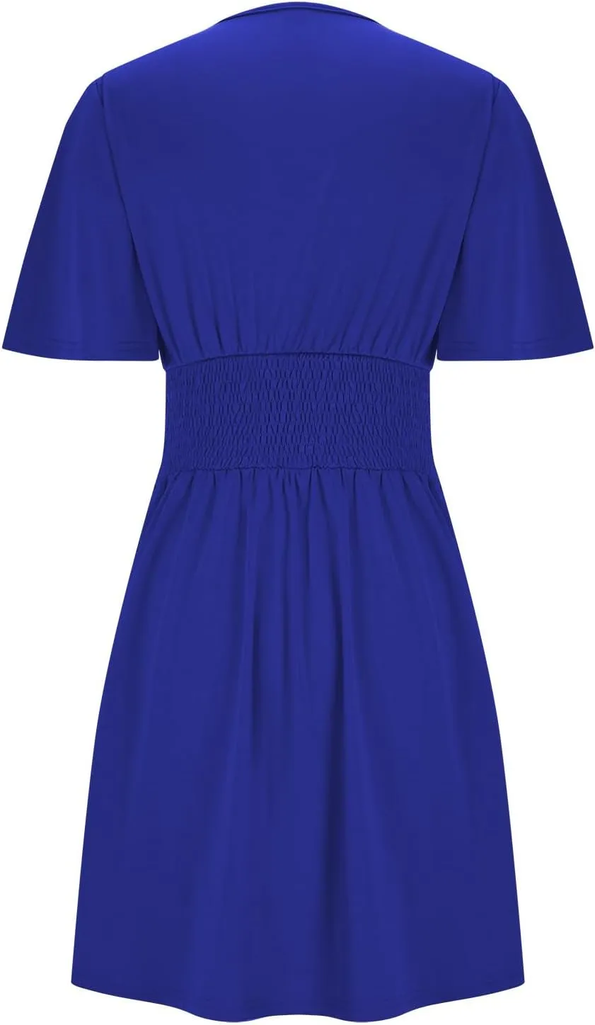 Womens Summer Wrap V Neck Midi Dress Short Sleeve Ruched A Line Causal Dress Beach Vacation Swing Short Dresses