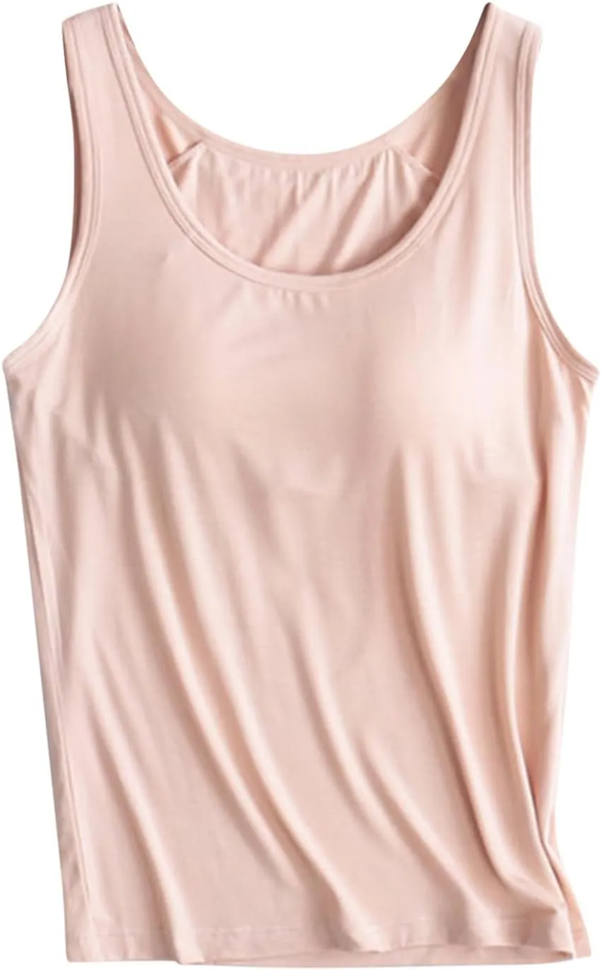 Womens Tank Tops with Built in Bra Crew Neck Sleeveless Basic Shirts Casual Workout Yoga Top Summer Soft Undershirt