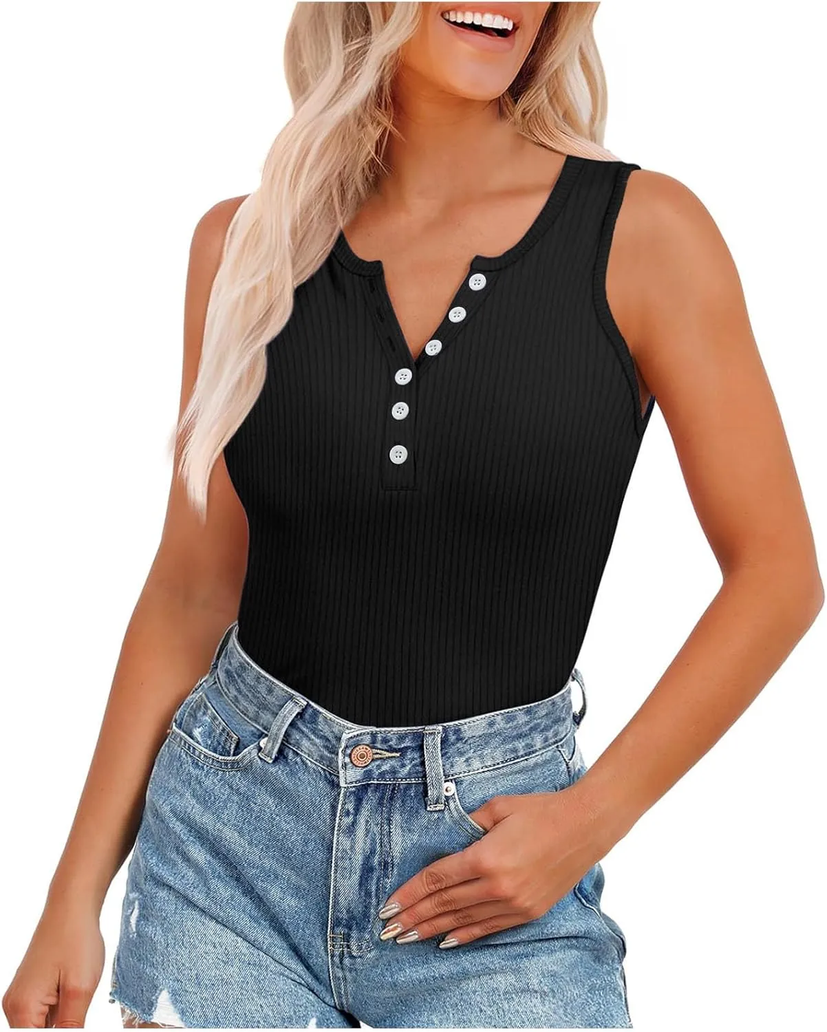 Womens V Neck Tank Tops Summer Ribbed Button Sleeveless Shirts Slim Fit Cami Knitwear Trendy Casual Soft Tee Shirt