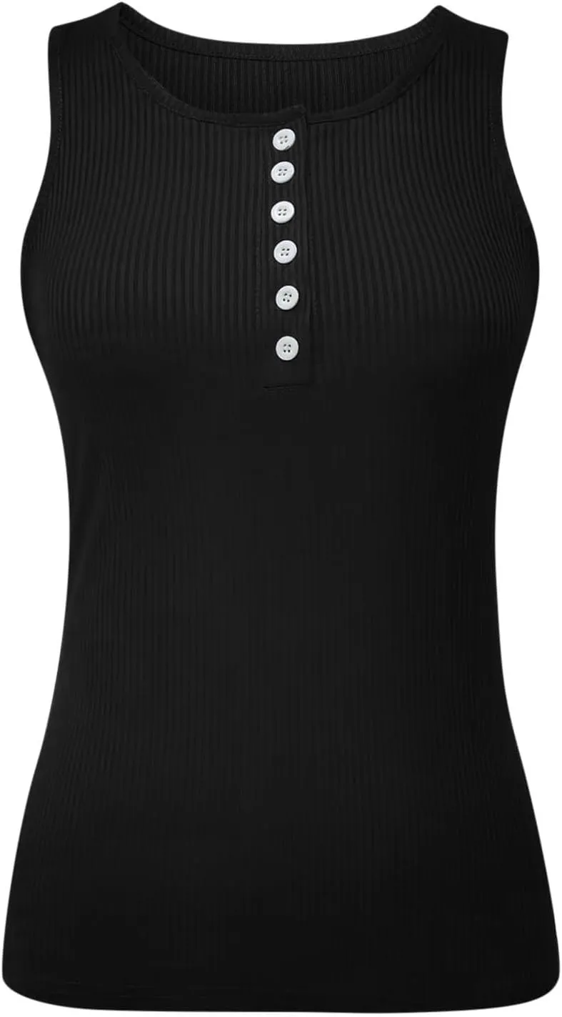 Womens V Neck Tank Tops Summer Ribbed Button Sleeveless Shirts Slim Fit Cami Knitwear Trendy Casual Soft Tee Shirt