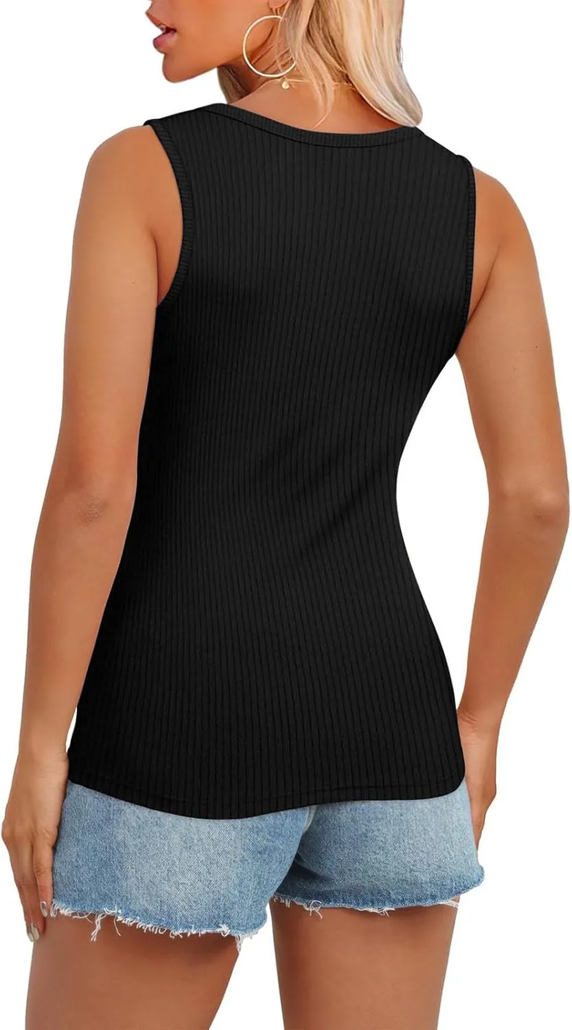 Womens V Neck Tank Tops Summer Ribbed Button Sleeveless Shirts Slim Fit Cami Knitwear Trendy Casual Soft Tee Shirt