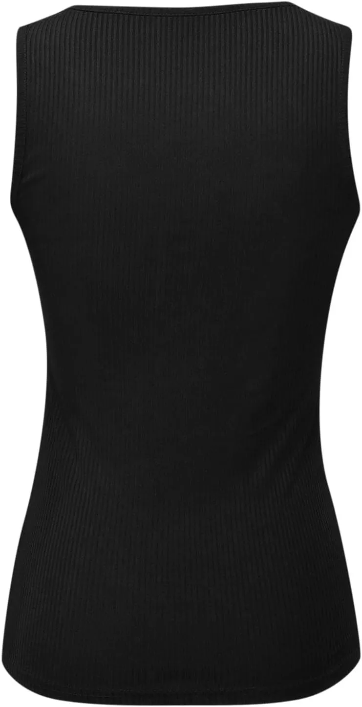 Womens V Neck Tank Tops Summer Ribbed Button Sleeveless Shirts Slim Fit Cami Knitwear Trendy Casual Soft Tee Shirt