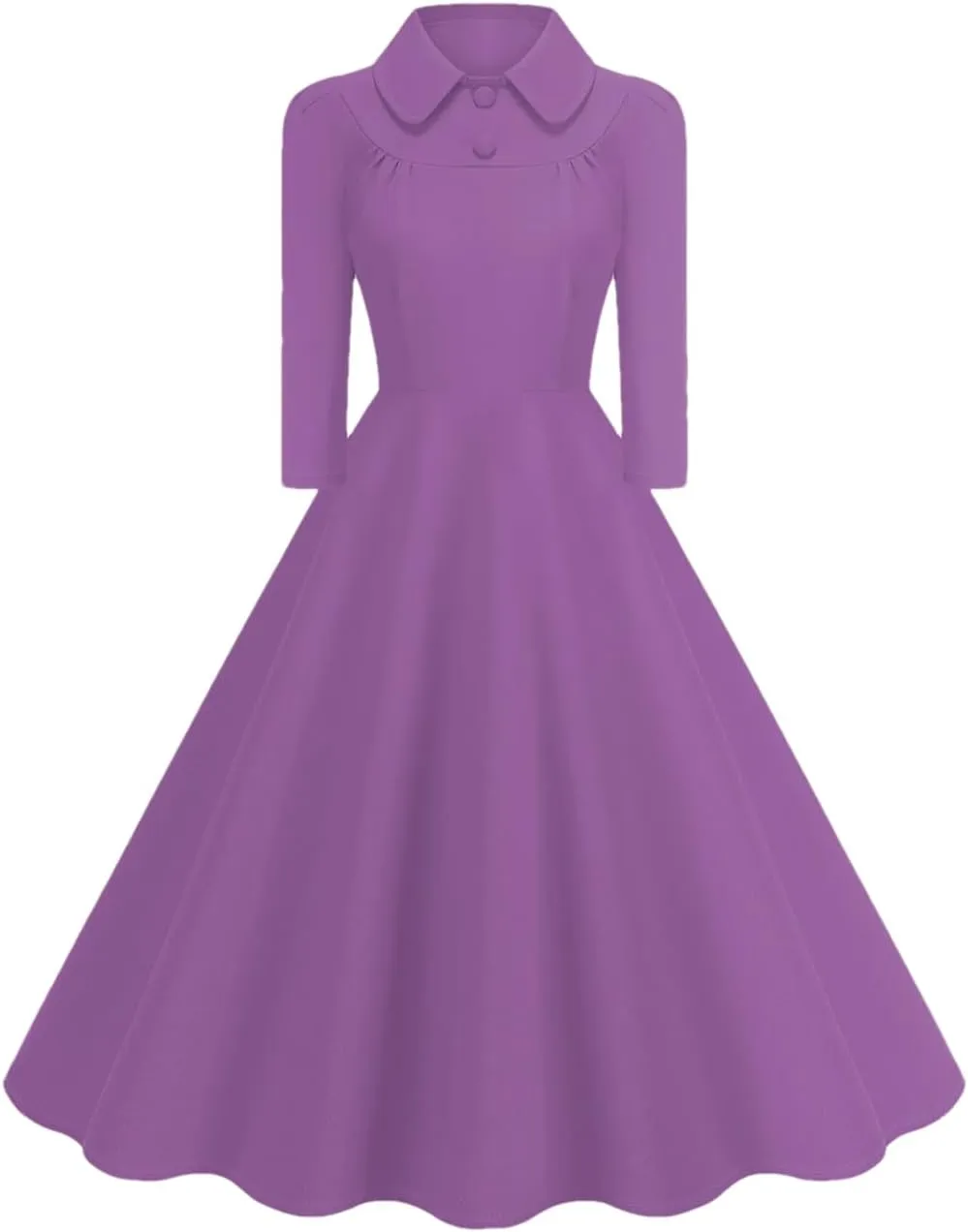 Women's Vintage Long Sleeve Solid Dress Front Button Swing Dress 1950S Dress