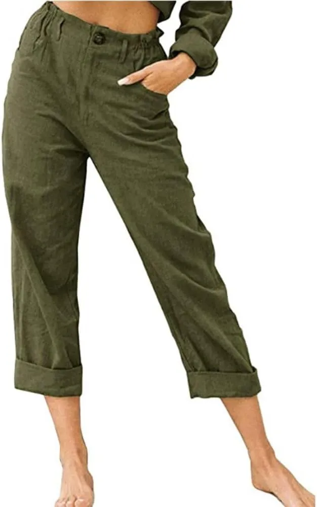 yoeasy Women's Summer Trendy Cotton Linen Capri Pants Elastic Waist Straight Leg Trousers with Pockets