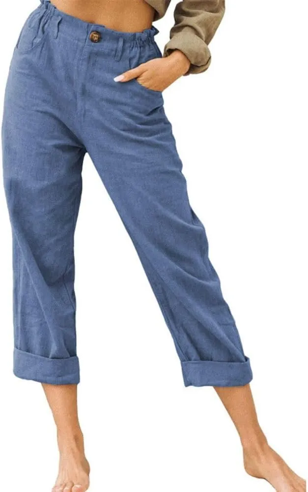 yoeasy Women's Summer Trendy Cotton Linen Capri Pants Elastic Waist Straight Leg Trousers with Pockets