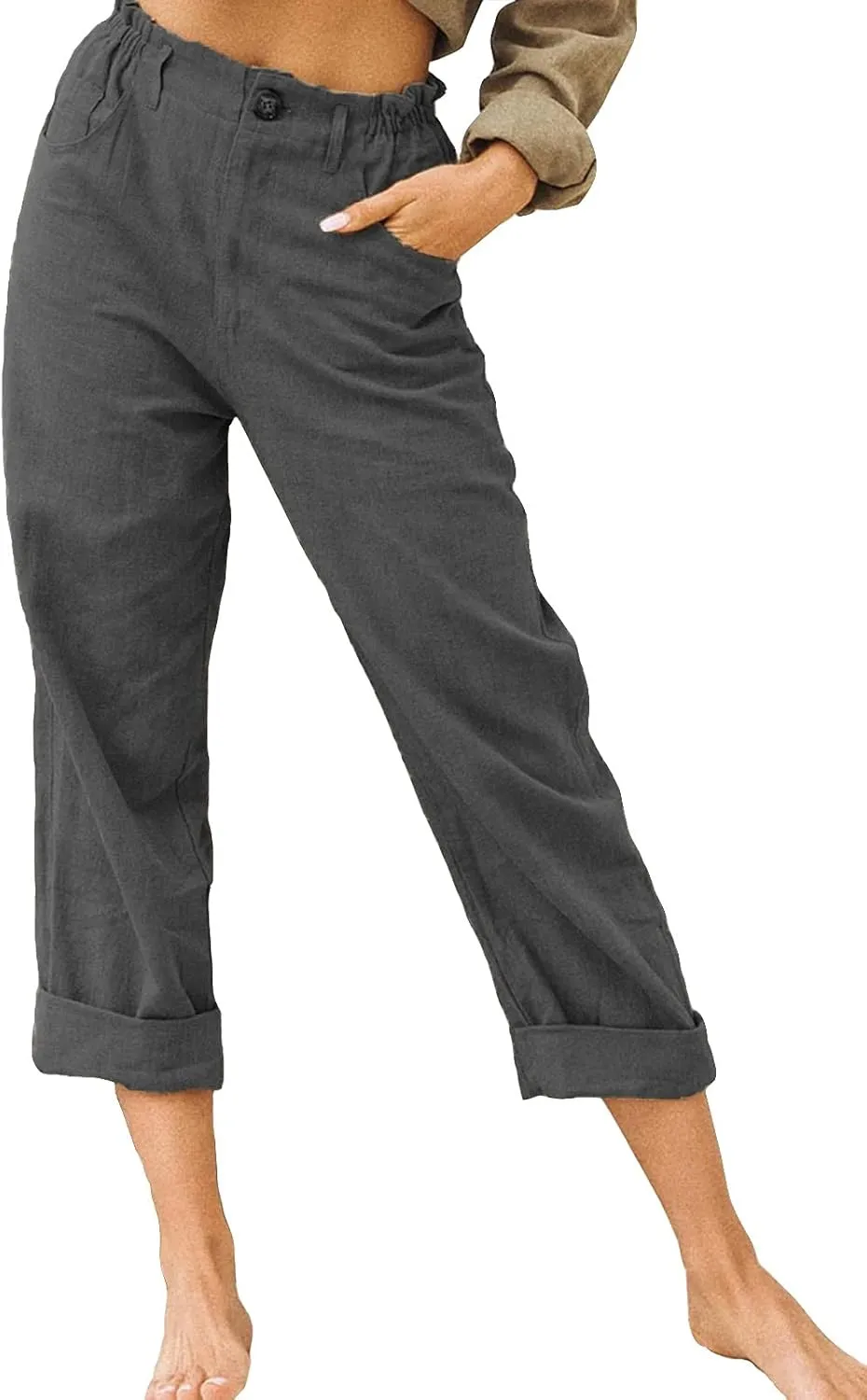 yoeasy Women's Summer Trendy Cotton Linen Capri Pants Elastic Waist Straight Leg Trousers with Pockets