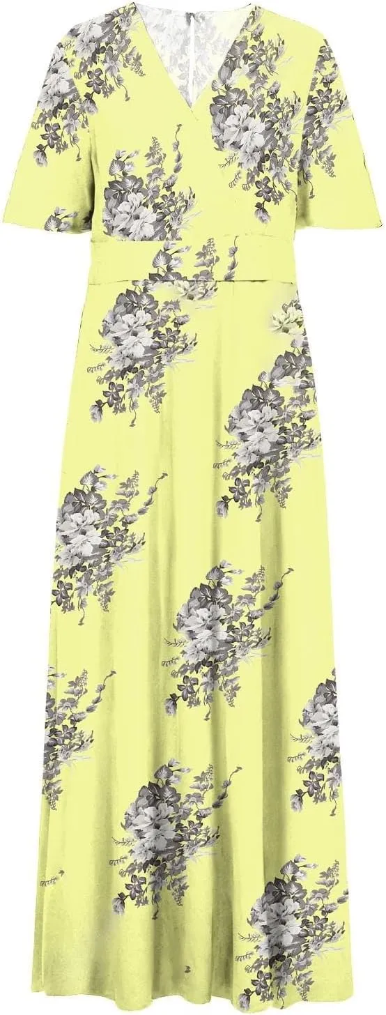 ZYXTIM Oversize Floral Casual Dress for Women Plus Size Deep V Neck High Split Maxi Dresses Wedding Guest Vacation Outfits