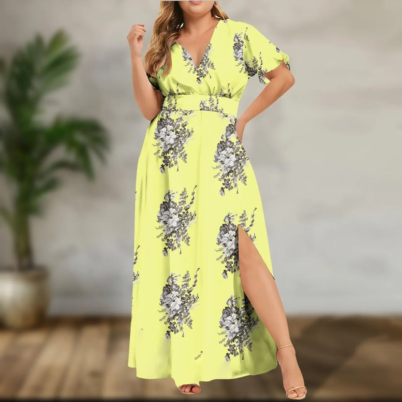ZYXTIM Oversize Floral Casual Dress for Women Plus Size Deep V Neck High Split Maxi Dresses Wedding Guest Vacation Outfits