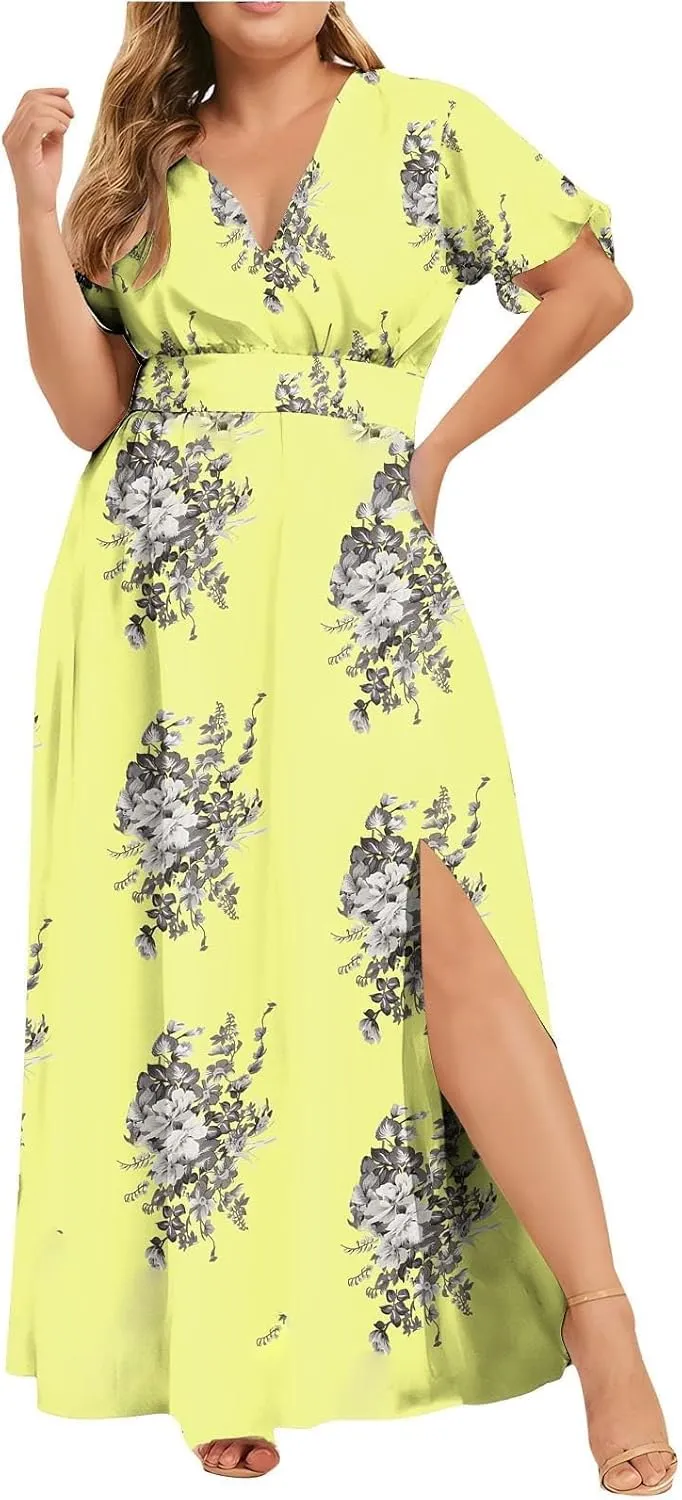 ZYXTIM Oversize Floral Casual Dress for Women Plus Size Deep V Neck High Split Maxi Dresses Wedding Guest Vacation Outfits